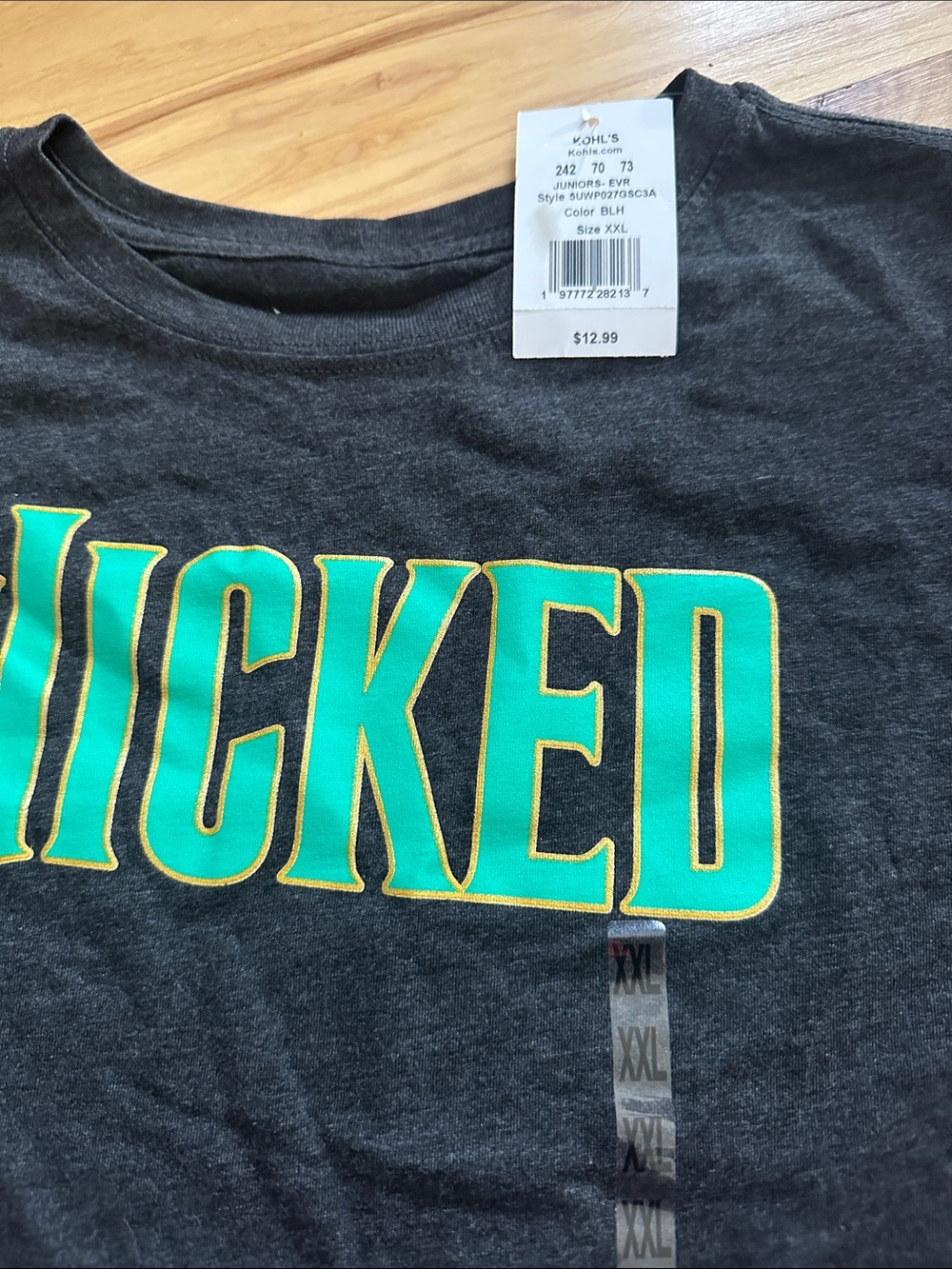 Kohl's Junior’s Black Wicked Short Sleeve Tee with Green and Gold Lettering